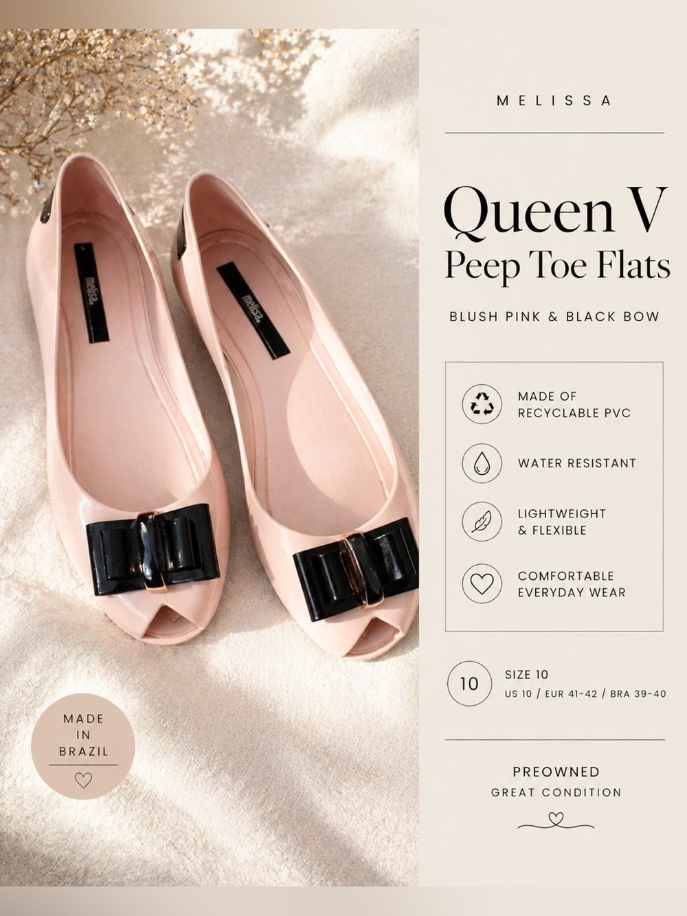 Melissa Queen V Peep Toe Flats Blush Pink Black Bow Size 10